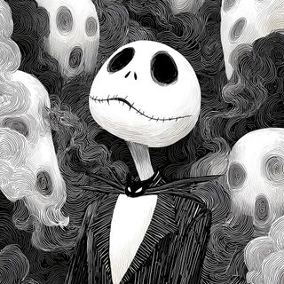 a drawing of a skeleton in a suit surrounded by skulls Cute Halloween Jack Skellington Halloween Cute, Tim Burton Art, Jack Skeleton, dim gray