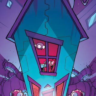 an image of a cartoon house in the middle of a night time scene with people standing outside Invader Zim Halloween Invasor Zim, Invader Zim House Background, Invader Zim Iphone, dark slate blue