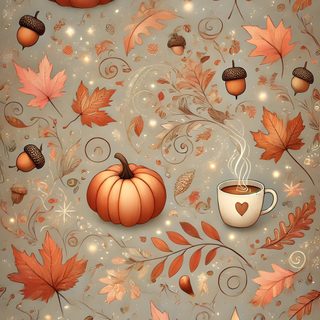 an autumn wallpaper with pumpkins, acorns and cup of coffee on it Halloween Thanksgiving Coffee, Halloween Artwork, November, November Backgrounds, rosy brown