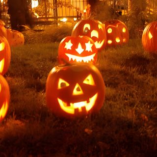 many carved pumpkins are sitting in the grass with their faces lit up at night Halloween Facebook Cover Vintage Halloween Aesthetic Pc, Pumpkin Aesthetic Laptop, Pumpkin For Computer, maroon