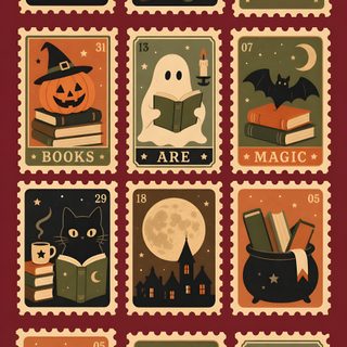 stamps with halloween images on them and the words books are written in orange, green, red Vintage Halloween Phone saddle brown