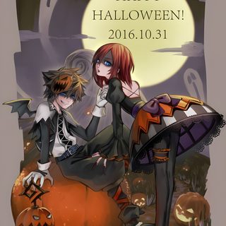 two people dressed up as witches and pumpkins with the words happy halloween 2010 1011 Kingdom Hearts Halloween Kingdom Hearts Sora Kairi Riku, Kingdom Hearts Halloween Fanart, Sora Kingdom Hearts Halloween, dim gray