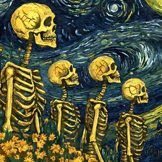 three skeletons standing in front of a starry night with the sun shining behind them Halloween Van Gogh Skeleton Vincent Van Gogh, Metal Posters, Animal Posters, dark slate gray
