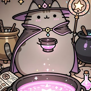 a cartoon cat wearing a witches hat next to a caulder filled with liquid Halloween Pastel Cat Halloween Pusheen, Pusheen Halloween, Pusheen Witch, Kawaii Halloween, gray