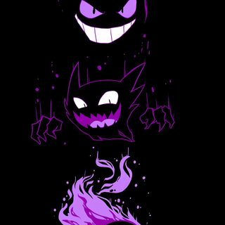 three cartoon characters with purple hair and fangs on their faces, one is staring at the camera Gengar Halloween Cool Desktop, Cool Art, Gengar Pokemon Fanart, Desktop, Graffiti De Arte Callejero, black
