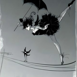 a woman flying through the air while holding an umbrella Halloween Ballerina Tightrope Pose Reference, Tightrope Walker Clipart, Circus Tightrope Walker, gray
