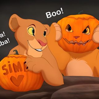 two lion cubs holding pumpkins with the words boo and haha simba Lion King Halloween Simba Pumpkin Painting, Scar And Nala, Simba Pumpkin Carving, sienna