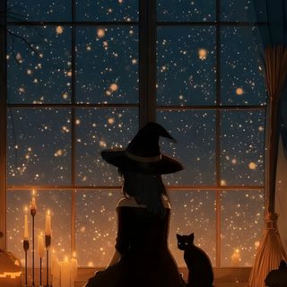 a cat sitting on top of a window sill in front of a halloween scene Aesthetic Halloween Girl Halloween Aesthetic Gif, Spooky Gif, Halloween Live, Lo-fi Aesthetic, dark slate gray