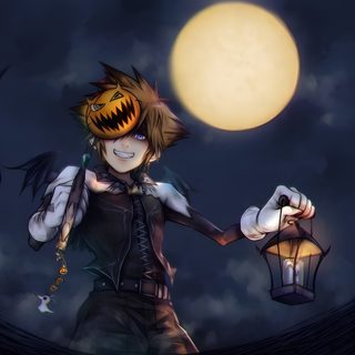 a cartoon character holding a lantern in front of a full moon Halloween Town Sora Sora Halloween Town Pfp, Sora Kingdom Hearts Halloween, Kingdom Hearts Halloween, dark slate gray