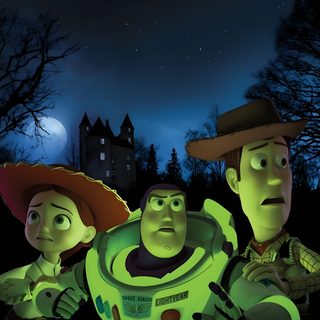 three cartoon characters are standing in front of a green object at night with the moon behind them Toy Story Halloween Pixar, Buzz And Woody, Tou Story, Woody And Buzz, Youve Got A Friend In Me, black