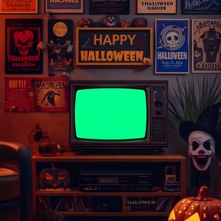 a living room decorated for halloween with posters on the wall and a television in front Vhs Halloween Halloween Iphone Background, Games Room Inspiration, Iphone For Guys, black