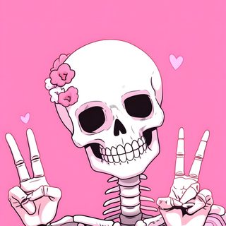 a skeleton holding up two fingers in front of a pink background with the word love written on Pink Halloween Skeleton Pink Skeleton Pfp, Pink Skeleton, Pink Skull Aesthetic,