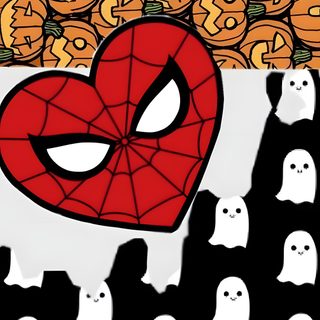 a group of people standing in front of pumpkins with faces drawn on them and the words happy halloween written below Halloween Spiderman firebrick