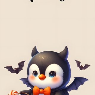 a penguin dressed as a bat and holding a pumpkin Penguin Halloween Panda Fall, Cute Halloween Phone, Cute Cute Halloween Pictures For, antique white