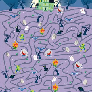 a halloween maze with an image of a house in the background Halloween Maze Otomi Embroidery Playmat Witch Maze, Monster Maze, Labyrinth Maze Printable, dark gray