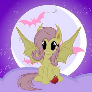 a little pony sitting on top of a cloud in front of a full moon with bats Halloween Pony Cromebook, Flutterbat Cute, Flutterbat Banner, Flutterbat Gif, Mlp Flutterbat, medium purple