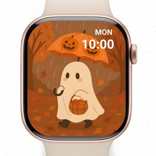 an apple watch with a cartoon ghost holding an umbrella on it's face in the rain Halloween Digital Watch Cute Halloween Watch Faces, Ghost Watch Face, Fall Watch Faces, burlywood