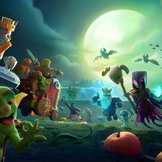 an animated scene with many characters and pumpkins Clash Royale Halloween Clash Royale Landscape, Clash Royale Halloween, Clash Royale Background Hd, dark slate gray