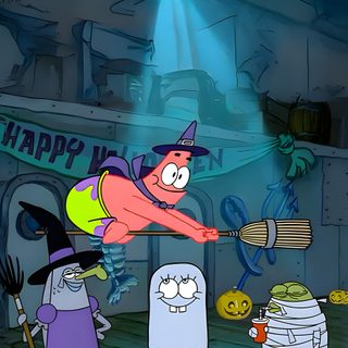 cartoon characters dressed as witches and ghostes in a room full of pumpkins, with lights on Halloween Spongebob Spongebob Halloween, Halloween, Mlg, Spongebob, Spongebob Funny, dark slate gray