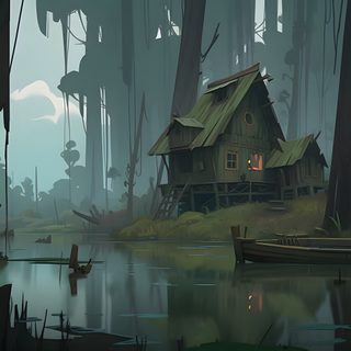 a house in the middle of a swampy forest with a boat on it's side Halloween Swamp Swamp Artwork, Swamp Cabin, Swamp Location, Swamp Landscape, Swamp Animal Art, dark slate gray
