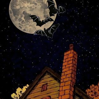 a painting of a bat flying over a house with the moon in the sky above it Vintage 90s Halloween Halloween Phone Lock Screen, Iphone Halloween Vintage, Vintage Spooky Background, black