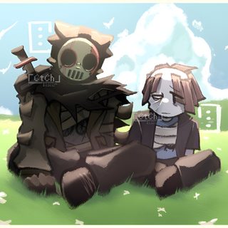 two anime characters sitting in the grass Forsaken Halloween Out Of Shackles Meme, Forsaken Survivors, Forsaken Matching Pfp Trio, dark sea green