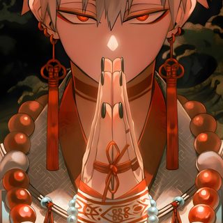 an anime character with white hair and horns on his head, wearing red necklaces Bakugou Halloween Baku Anime Character, Baku Fanart, Bakugo As A Demon, Bakugou As A Demon, sienna