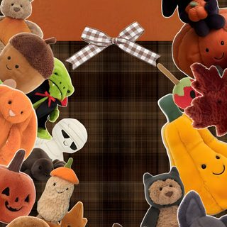 a bunch of stuffed animals are arranged in the shape of a circle on a plaid background Jellycat Halloween Phone Themes, Fun Drink Recipe, Cat Background, Bow, Iphone Themes, Cat, saddle brown