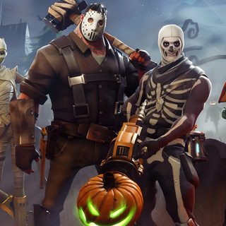 the characters from fortnix are standing in front of a halloween scene with jack - o'- lanterns Halloween Fortnite Fortnite Halloween, Fortnite Squad Picture, Halloween Fortnite, dark slate gray