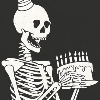 a skeleton holding a cake with candles on it Halloween Birthday Halloween Posters, Skeleton Drawing Easy, Skeleton With Birthday Hat, dark slate gray