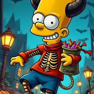 a cartoon character riding a skateboard with horns on it's head and holding a bag Bart Simpson Halloween Simpsons Halloween, The Simpsons Halloween, Simpsons Halloween Drawing, dark slate gray