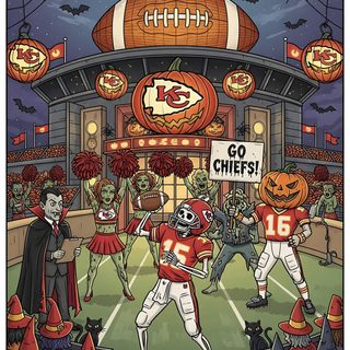 a football game is being played in front of a stadium with pumpkins and witches Chiefs Halloween Kc Chiefs, Halloween Illustration, Gifts For Football Fans, Football Fans, dim gray