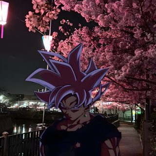a person sitting on a bench in front of some trees with pink flowers at night Goku Black Halloween 4k black