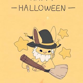 a card with an image of a rabbit in a witch hat holding a broom and stars Leafeon Halloween Cute Jolteon, Jolteon Pokemon, Jolteon Iphone, Jolteon Aesthetic, Jolteon, khaki