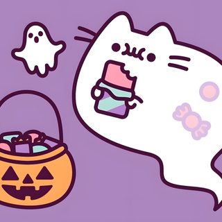 a cartoon cat with a trick in its mouth next to a pumpkin basket filled with candy Desktop Pusheen Halloween Pusheen Ghost, Pushers Halloween, Pusheen Pumpkin, medium purple