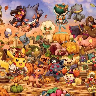 an image of a bunch of cartoon characters in the air with pumpkins and other items Pokemon Halloween Computer Pokémon Halloween, Pokemon Halloween Picture, Pokemon Halloween Computer, peru