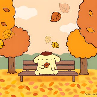 a dog is sitting on a bench in the park with autumn leaves falling from trees Pom Pom Purin Halloween Pompompurin Autumn, Christmas Desktop Background Aesthetic, Pompompurin Thanksgiving, sandy brown