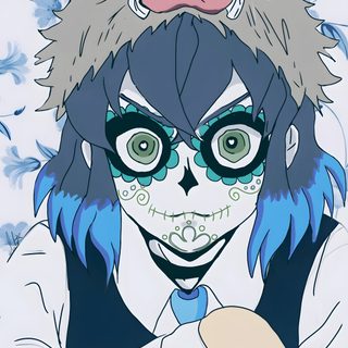 a drawing of a woman with blue hair and an animal's head on her face Inosuke Halloween Lovey Dovey, Love My Man, Otaku Anime, Demon Slayer, Anime Demon, gainsboro