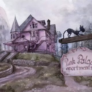a drawing of a pink house on top of a hill next to a wooden sign Pink Halloween Gif Movies Showing, Fan Art, Coraline Aesthetic, Drawings, Pink Palace, Fantasy Movies, gray