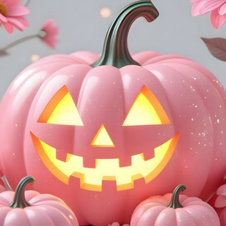 a pink pumpkin with glowing eyes surrounded by flowers and confetti on a gray background Pink And Orange Halloween Pink Halloween Aesthetic, Pink Pumpkin, Pink Pumpkin Aesthetic, silver