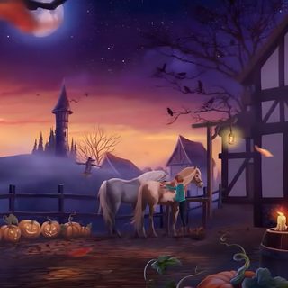 a halloween scene with a horse and pumpkins Star Stable Halloween 4k Sso Halloween, Headless Horseman Background, Halloween Horse, dark slate gray