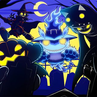 three cartoon characters are standing in front of a halloween scene with pumpkins and jack - o'- lanterns Digimon Halloween Digimon Fusion Season 2, Shadow Gao Battle Cats, Walpurgisnacht Battle Cats, black