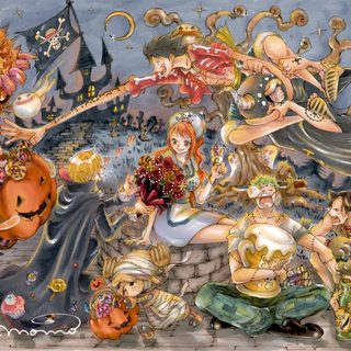 an image of a group of women dressed up as witches and pumpkins in front of a castle One Piece Halloween 4k One Piece Anniversary Art, Thanksgiving One Piece, One Piece Color Spread Halloween, gray