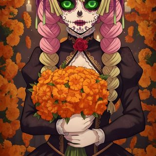 a girl with pink hair and green eyes holding flowers in front of an orange background Mitsuri Halloween Mitsuri Halloween, Overwatch, Halloween Backgrounds, Anime Halloween, saddle brown