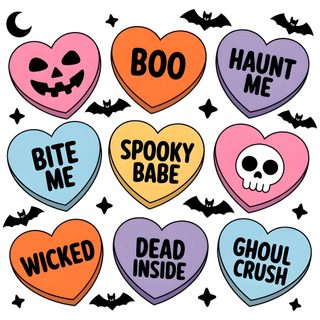 six heart shaped stickers with different sayings in the shape of bats and skulls Halloween Conversation Hearts Halloween Conversation Hearts, Halloween Valentines, Halloween Candy Hearts Art, snow