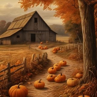 a painting of pumpkins on the ground in front of a barn Halloween Farm Fall Scene Photos, Pictures Of Fall Scenery, Fall Barn Pictures, Fall Barn, saddle brown