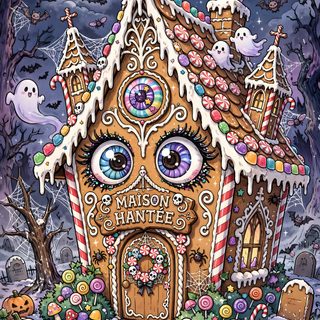 a gingerbread house decorated for halloween with eyes and candy on the roof, surrounded by spooky decorations Halloween Candy House dim gray