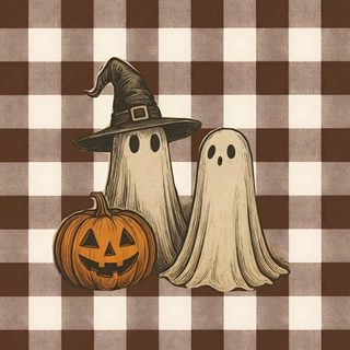 two halloween pumpkins with ghost heads sitting on a checkered tablecloth background, one is orange and the other is brown Halloween 2025 Iphone rosy brown