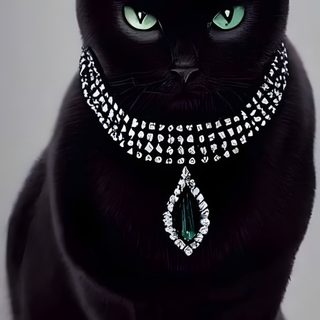 a black cat with green eyes wearing a diamond necklace and choker on it's neck Black Cat Diamonds For Halloween In Cat With Diamonds, Black Cat With Pearls, Black Cat Wearing Crown And Necklace,