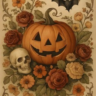 a pumpkin with flowers and a bat on it's head, surrounded by roses Old Fashioned Halloween Vintage Fall Images, Vintage Pumpkin Printable, Vintage Halloween Backgrounds, sienna